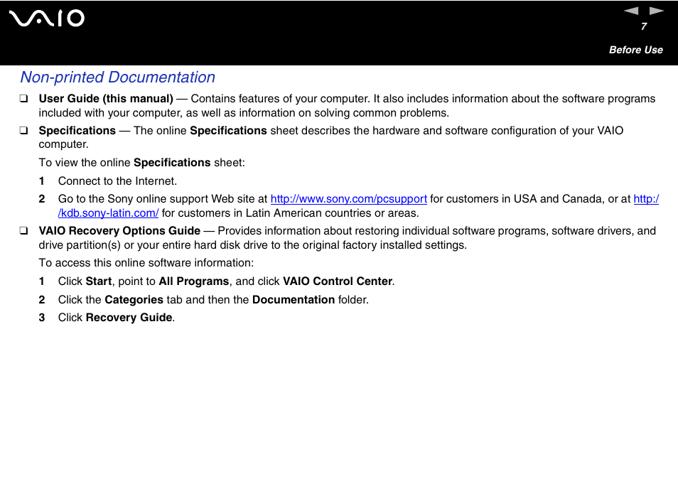 Non-printed documentation | Sony VGN-S460P User Manual | Page 7 / 200