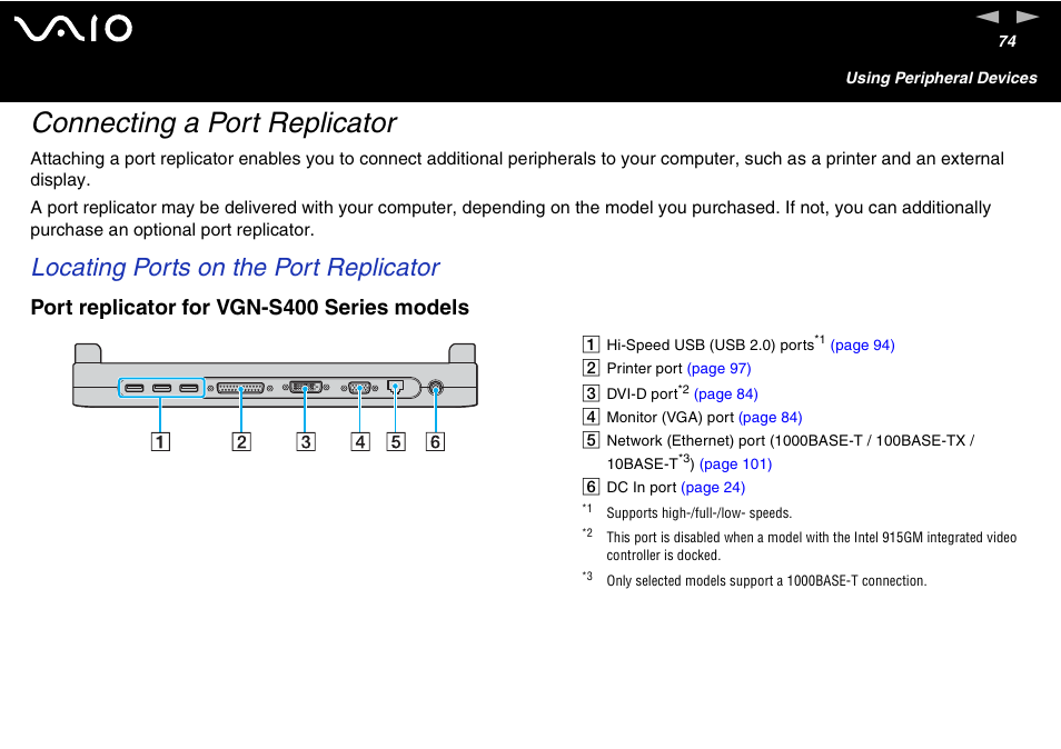 Connecting a port replicator, Locating ports on the port replicator, Port replicator for vgn-s400 series models | Sony VGN-S460P User Manual | Page 74 / 200