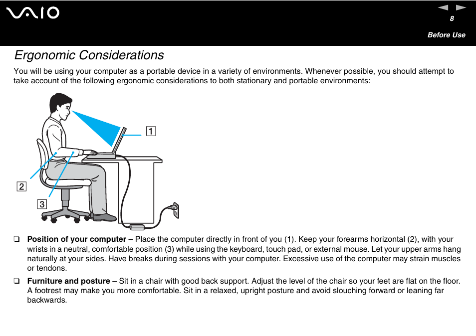 Ergonomic considerations | Sony VGN-S460P User Manual | Page 8 / 200