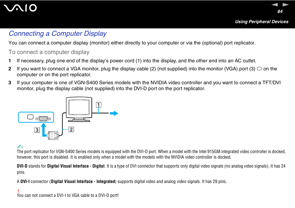 Connecting a computer display | Sony VGN-S460P User Manual | Page 84 / 200