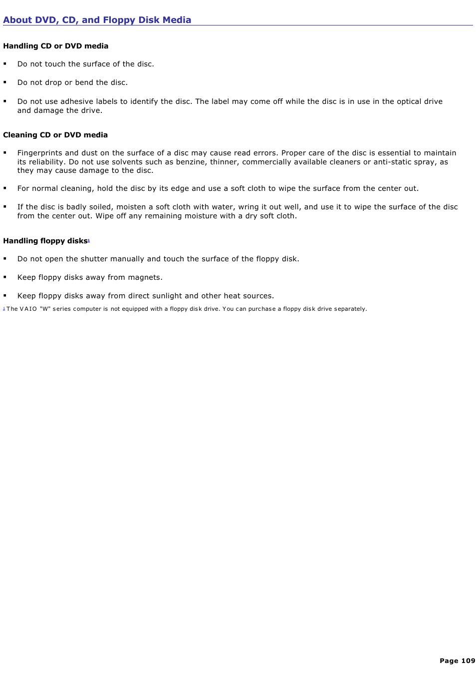 About dvd, cd, and floppy disk media | Sony PCV-RS221 User Manual | Page 109 / 114