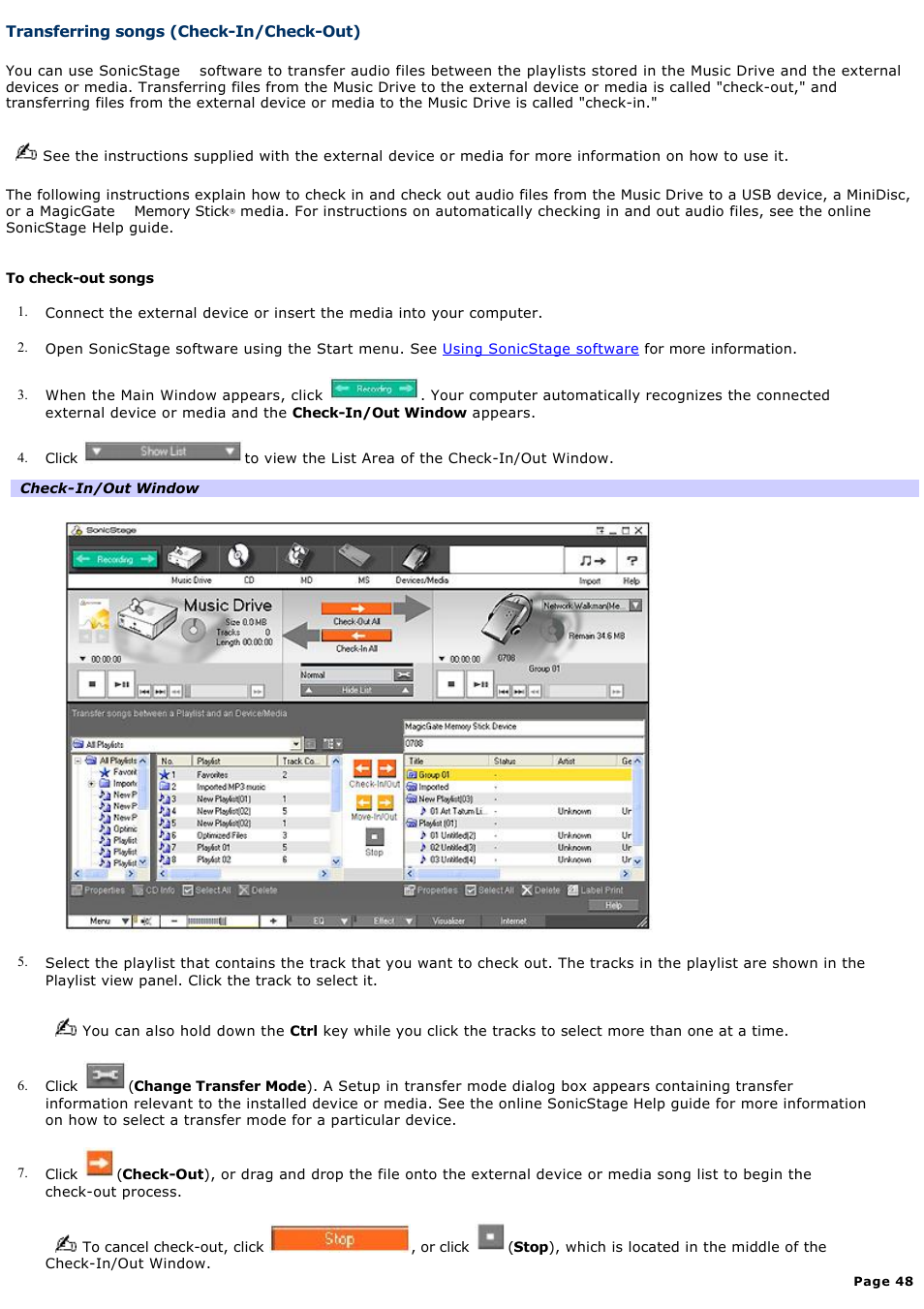 Transferring songs (check-in/check-out) | Sony PCV-RS221 User Manual | Page 48 / 114