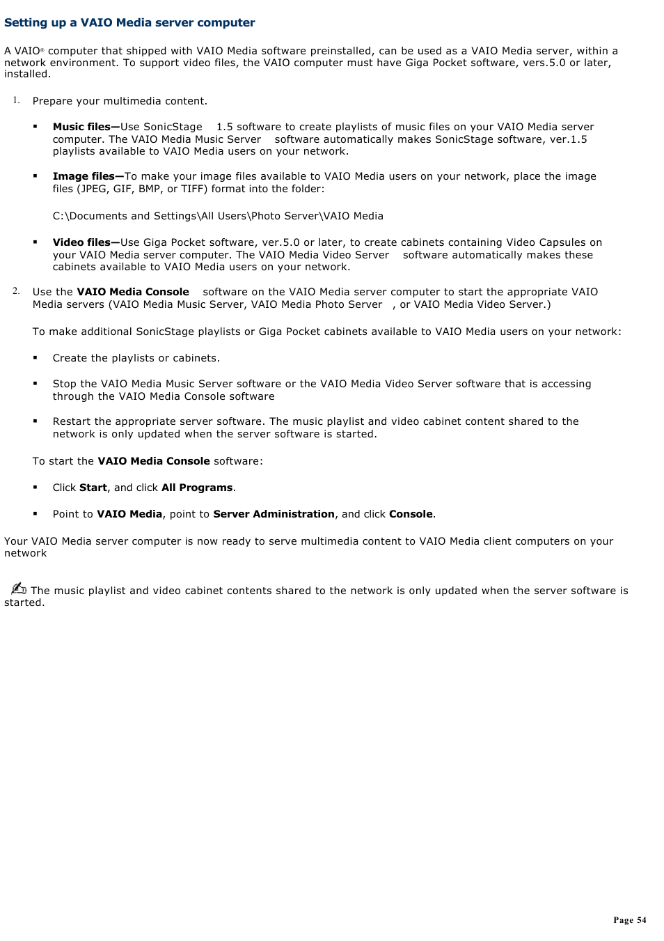 Setting up a vaio media server computer | Sony PCV-RS221 User Manual | Page 54 / 114