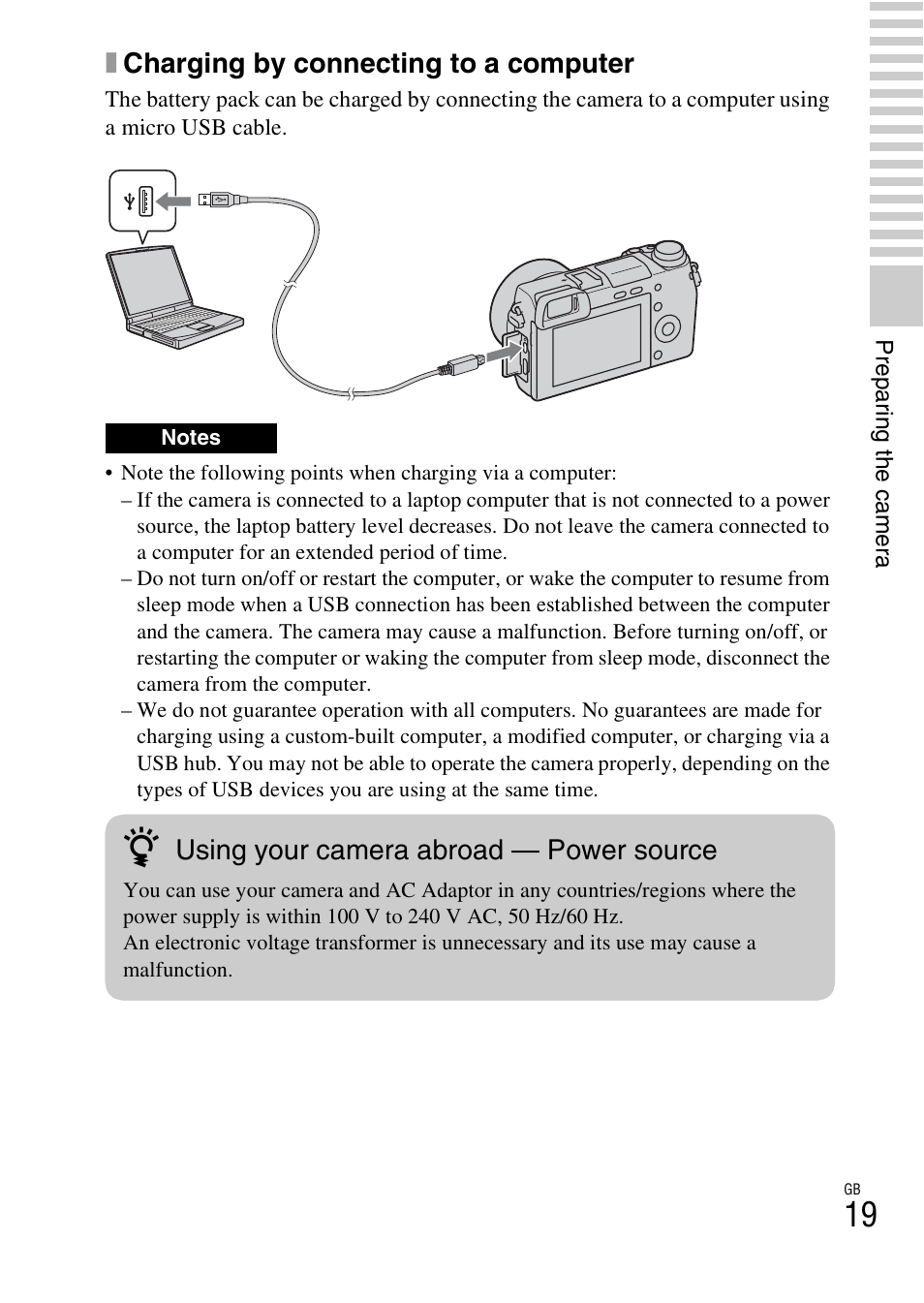 Xcharging by connecting to a computer, Using your camera abroad — power source | Sony NEX-6 User Manual | Page 19 / 103