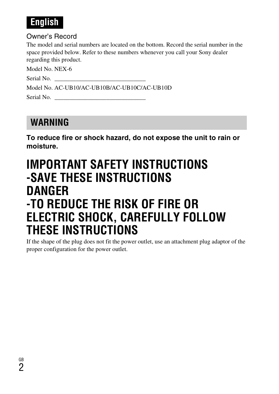 English warning | Sony NEX-6 User Manual | Page 2 / 103