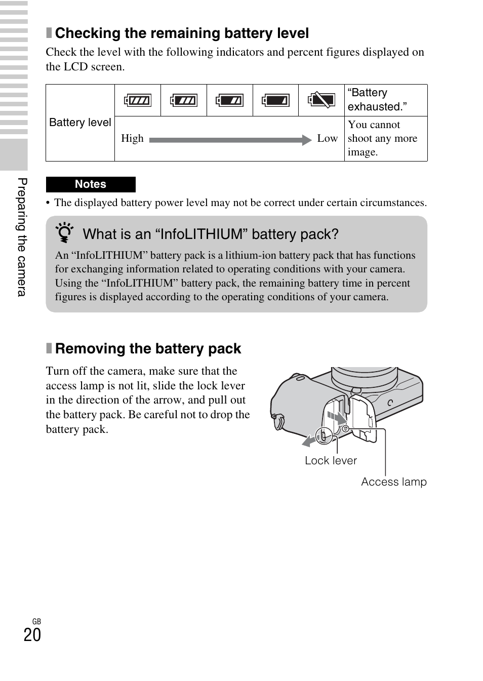 Xchecking the remaining battery level, Xremoving the battery pack, What is an “infolithium” battery pack | Sony NEX-6 User Manual | Page 20 / 103