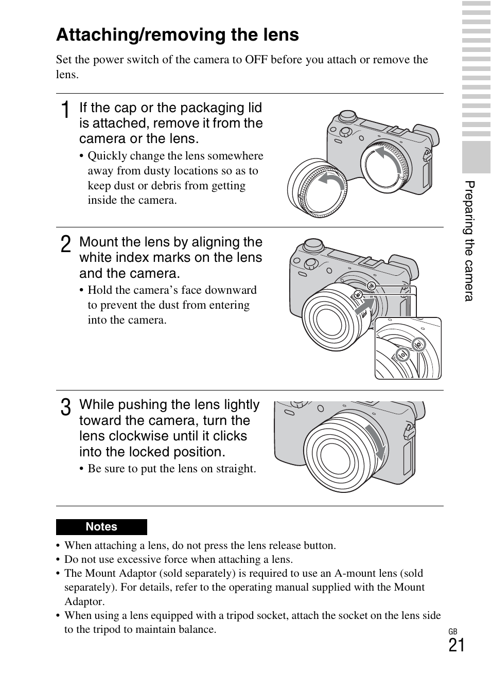 Attaching/removing the lens | Sony NEX-6 User Manual | Page 21 / 103