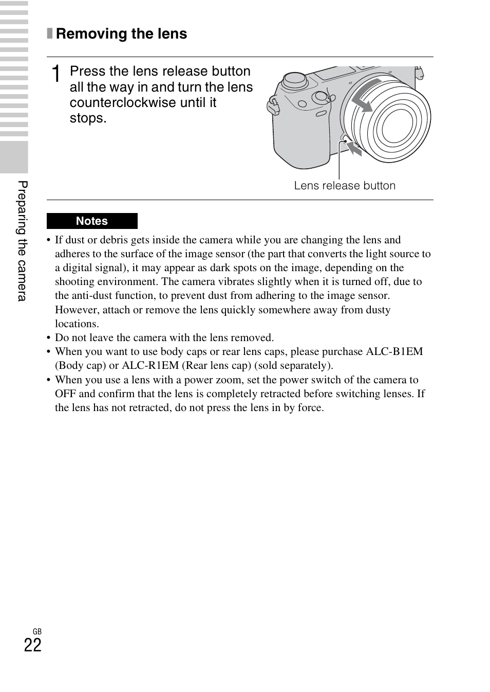 Ton (22), Xremoving the lens | Sony NEX-6 User Manual | Page 22 / 103