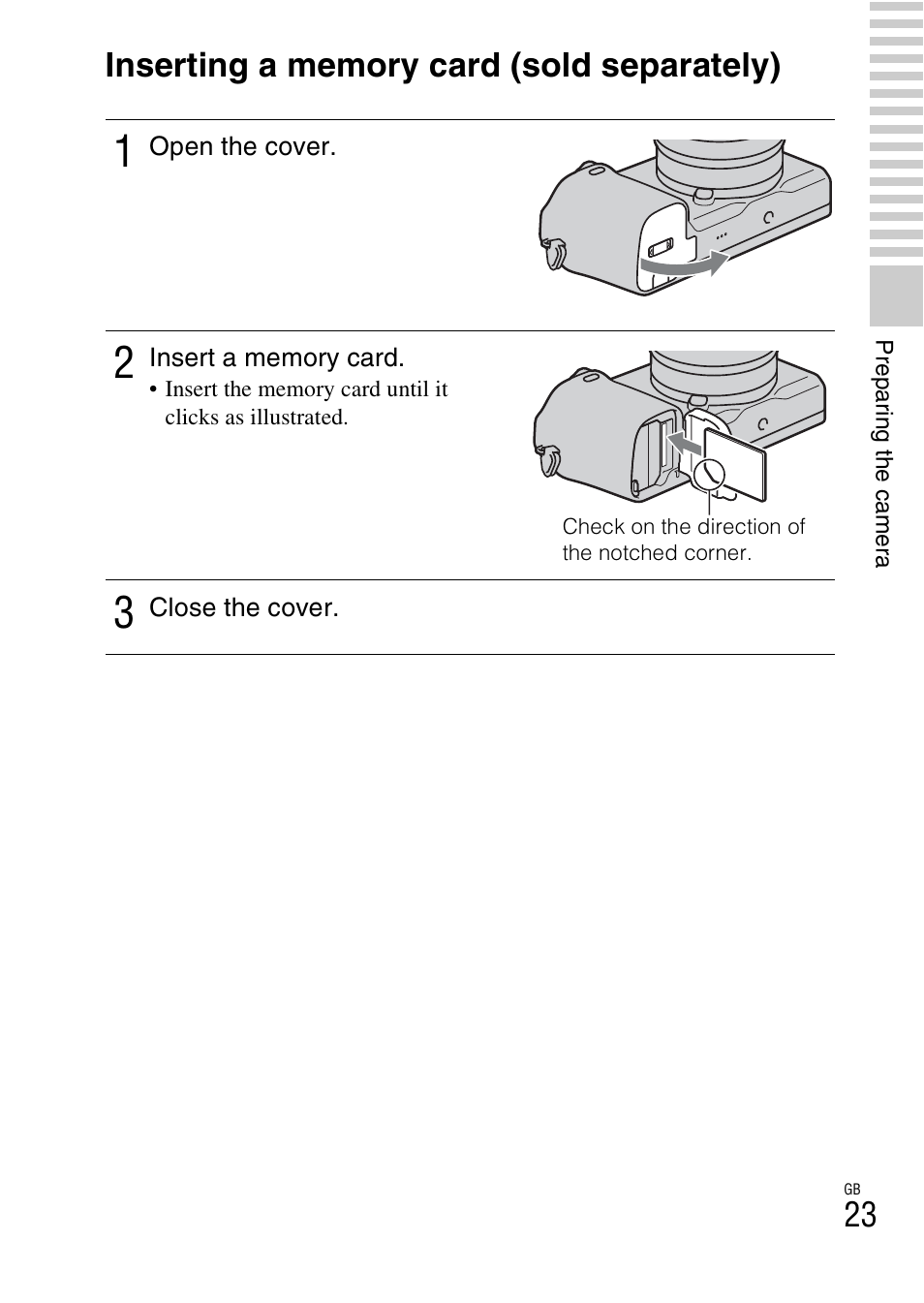 Inserting a memory card (sold separately) | Sony NEX-6 User Manual | Page 23 / 103