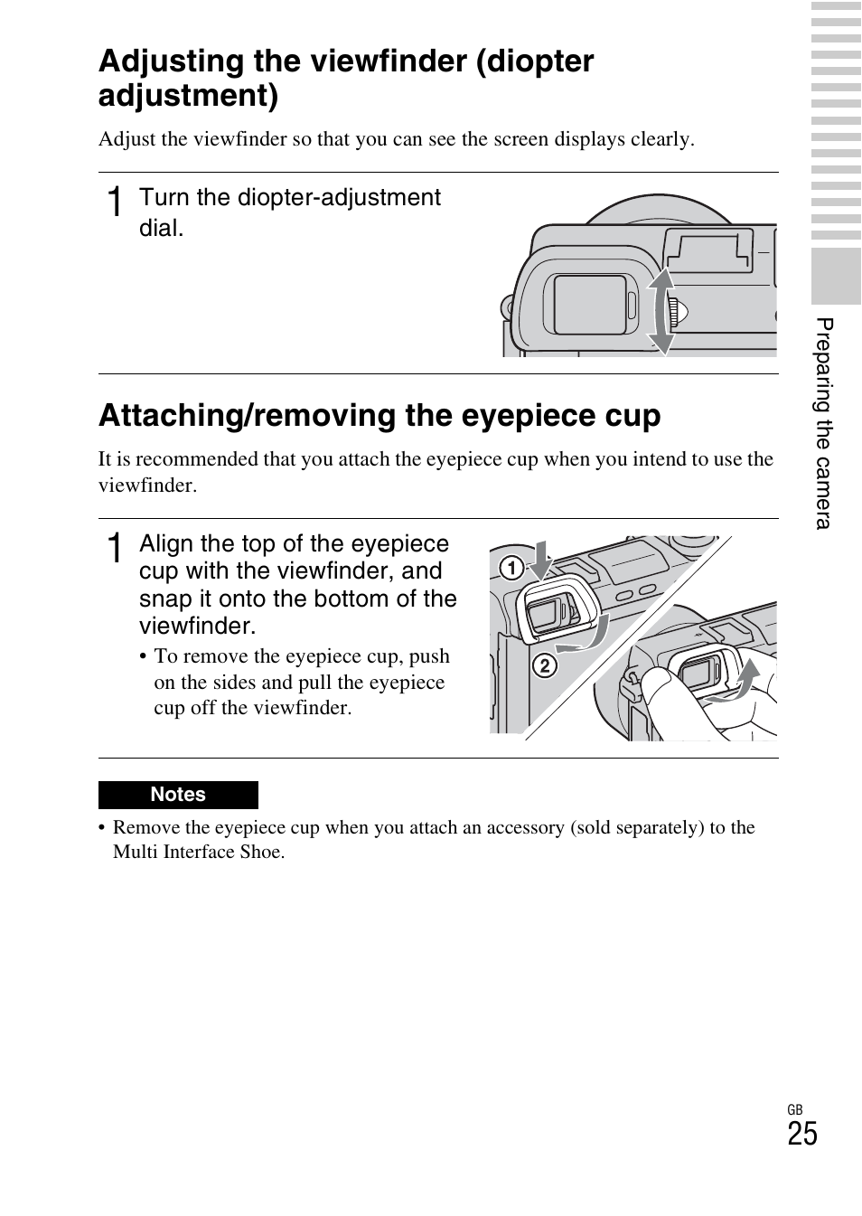 Adjusting the viewfinder (diopter adjustment), Attaching/removing the eyepiece cup | Sony NEX-6 User Manual | Page 25 / 103