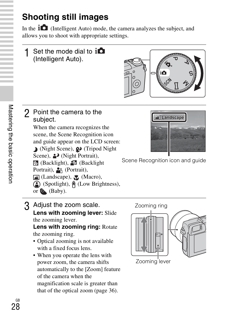Mastering the basic operation, Shooting still images | Sony NEX-6 User Manual | Page 28 / 103
