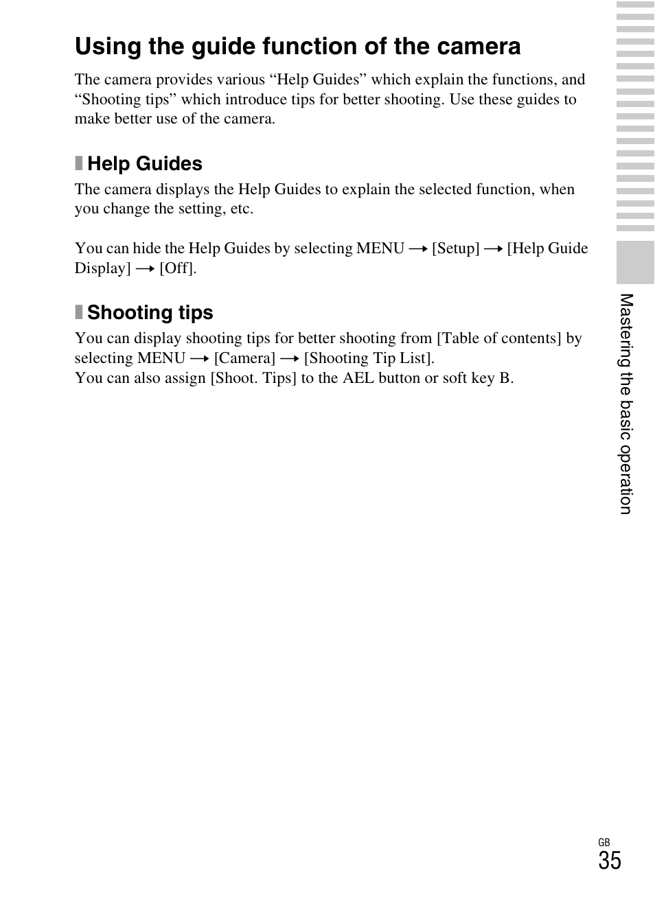 Using the guide function of the camera | Sony NEX-6 User Manual | Page 35 / 103