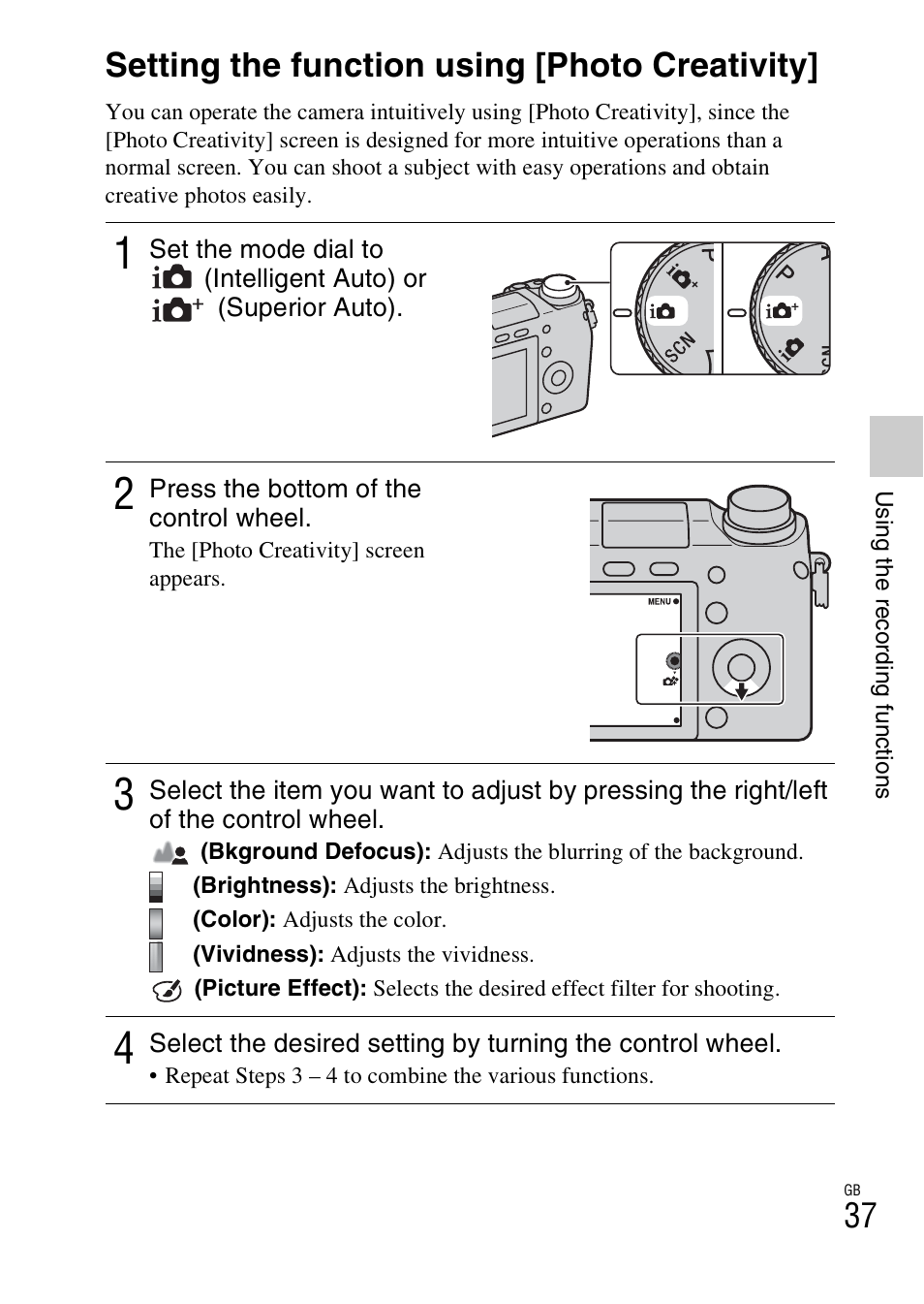 Setting the function using [photo creativity | Sony NEX-6 User Manual | Page 37 / 103