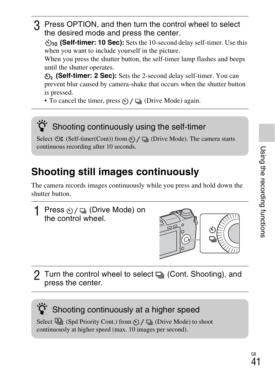 Shooting still images continuously | Sony NEX-6 User Manual | Page 41 / 103