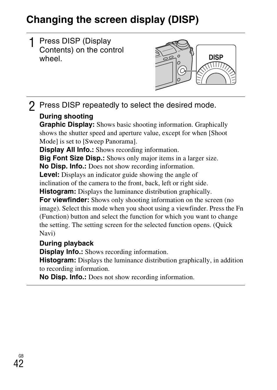 Changing the screen display (disp), 42 changing the screen display (disp) | Sony NEX-6 User Manual | Page 42 / 103