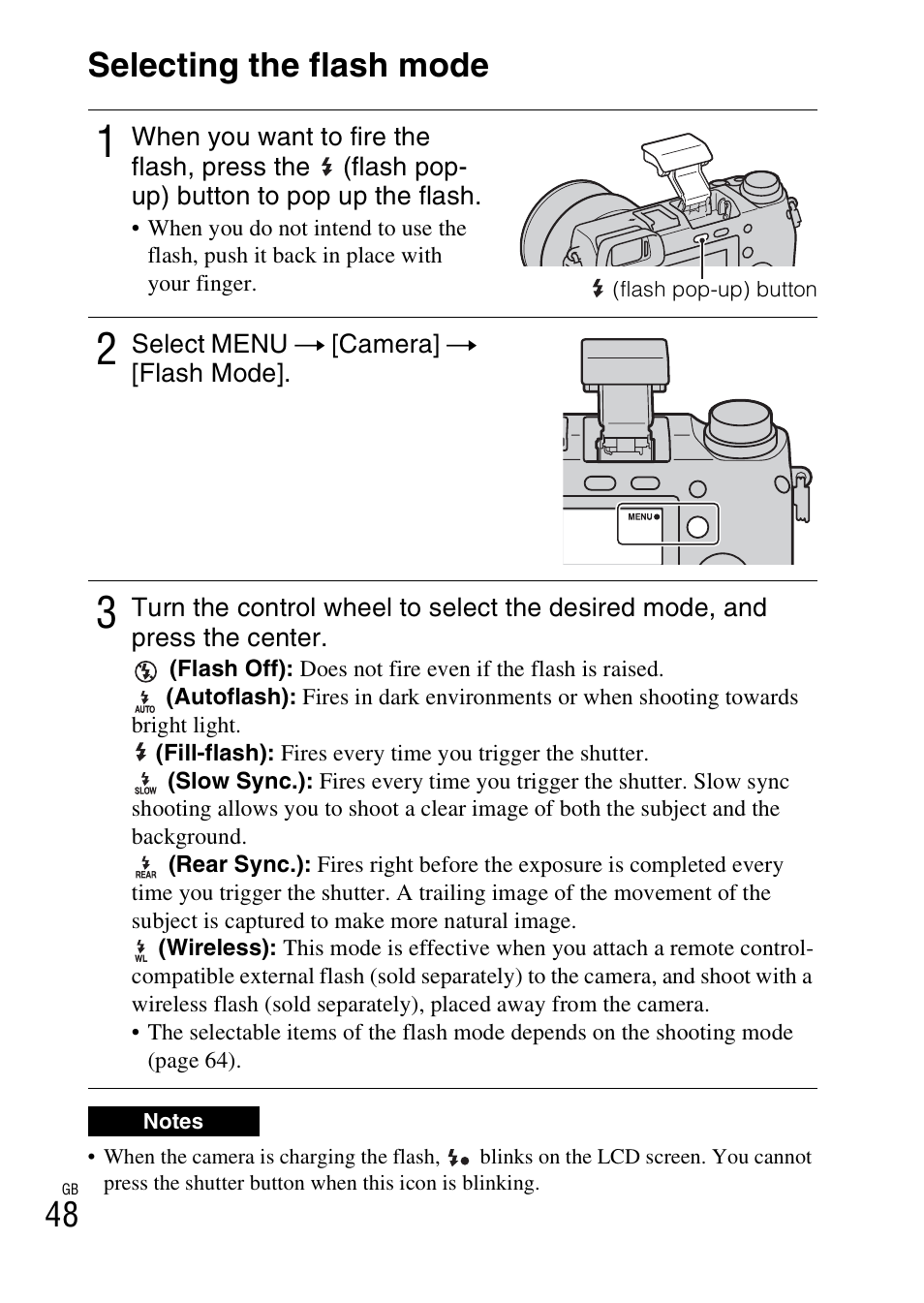 Selecting the flash mode, 48 selecting the flash mode | Sony NEX-6 User Manual | Page 48 / 103