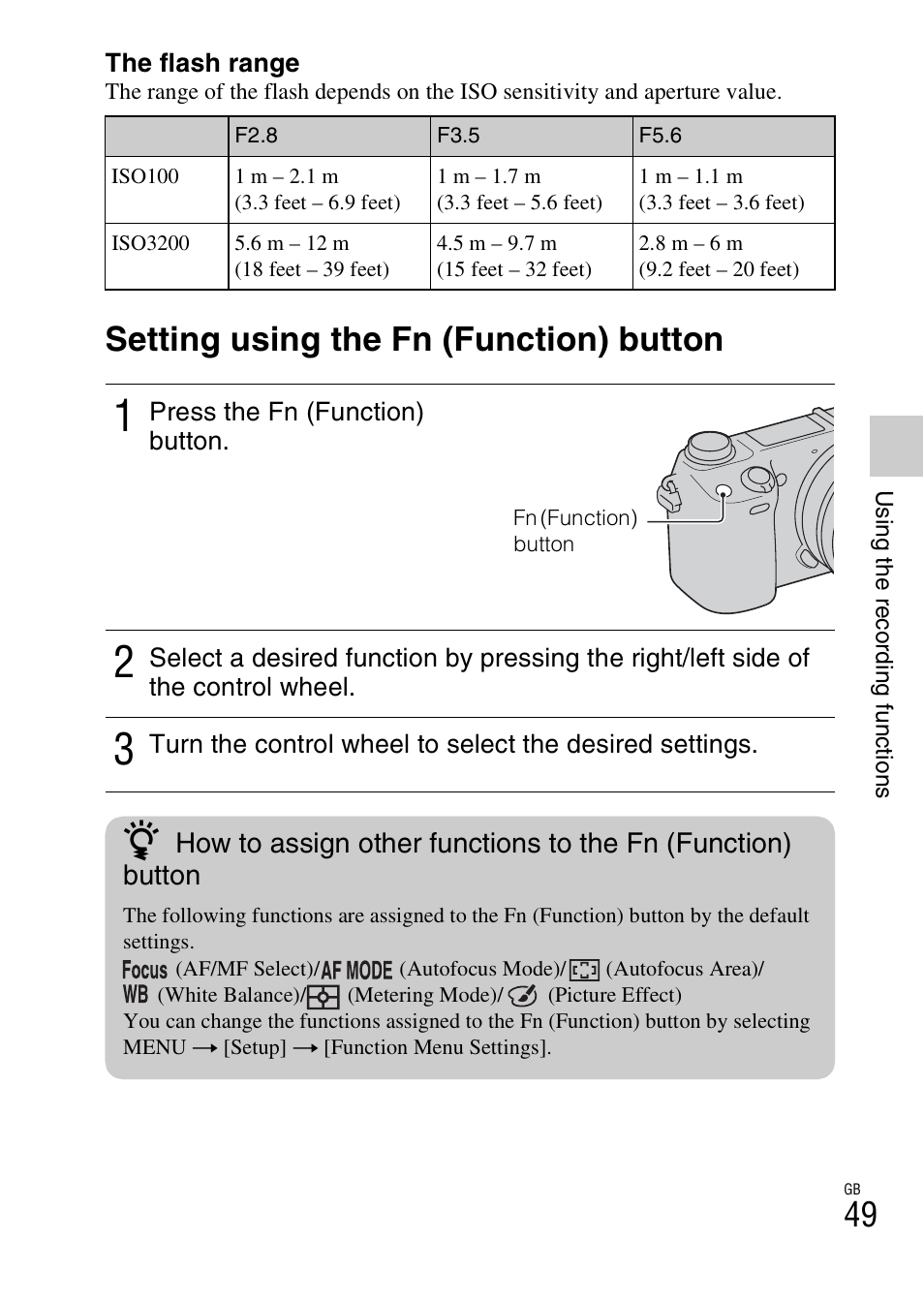 Setting using the fn (function) button | Sony NEX-6 User Manual | Page 49 / 103