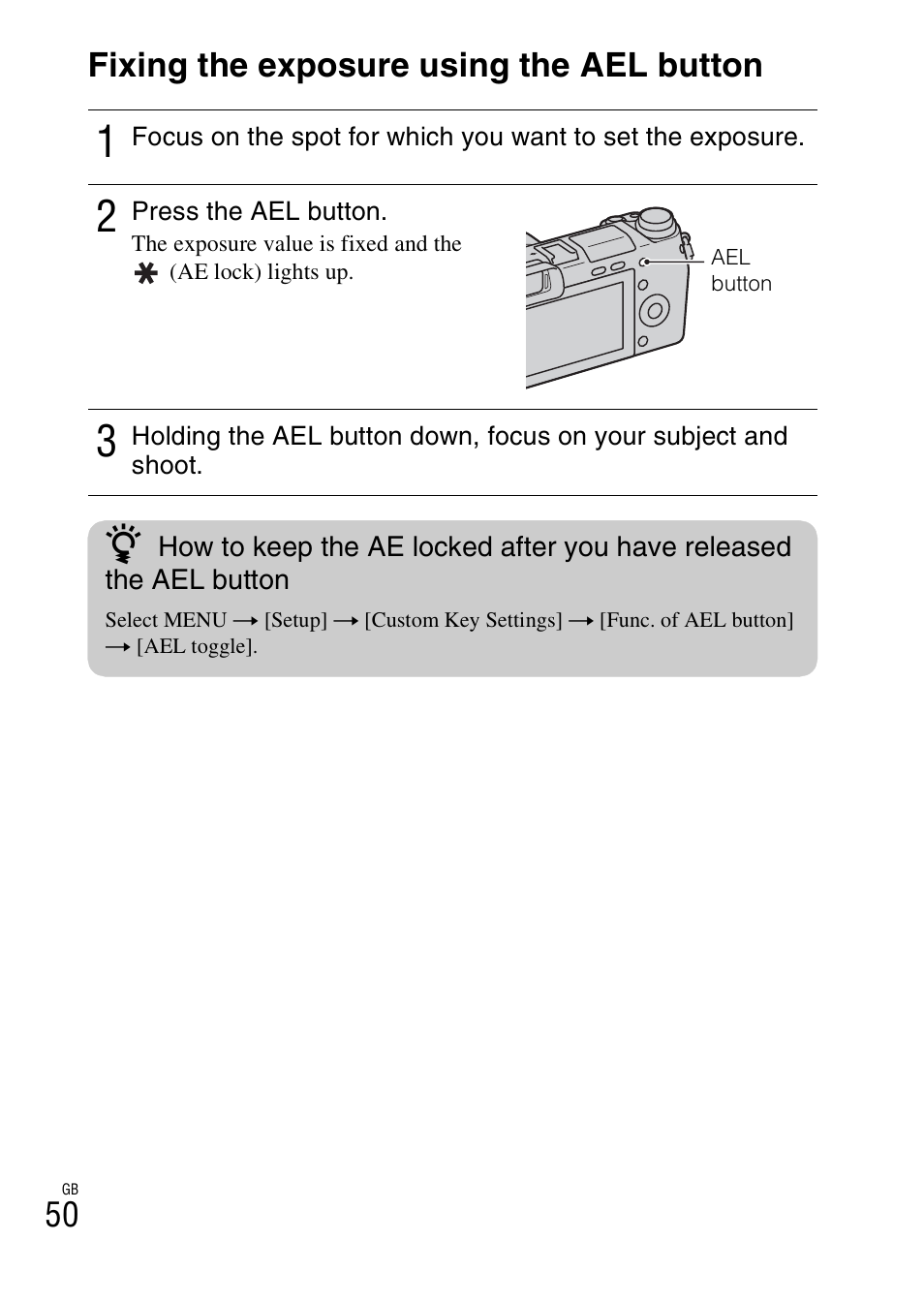 Fixing the exposure using the ael button, 50 fixing the exposure using the ael button | Sony NEX-6 User Manual | Page 50 / 103