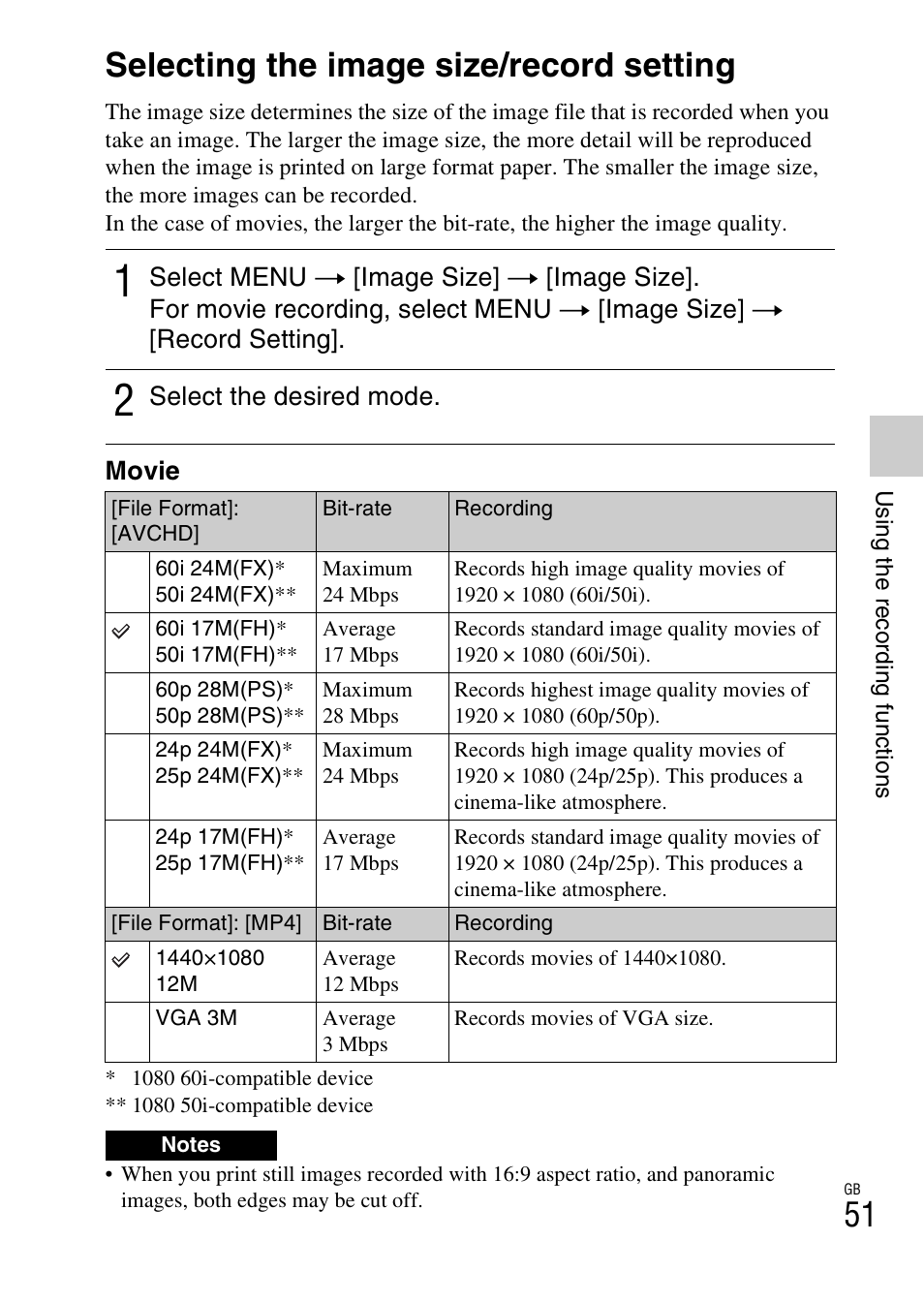 Selecting the image size/record setting | Sony NEX-6 User Manual | Page 51 / 103