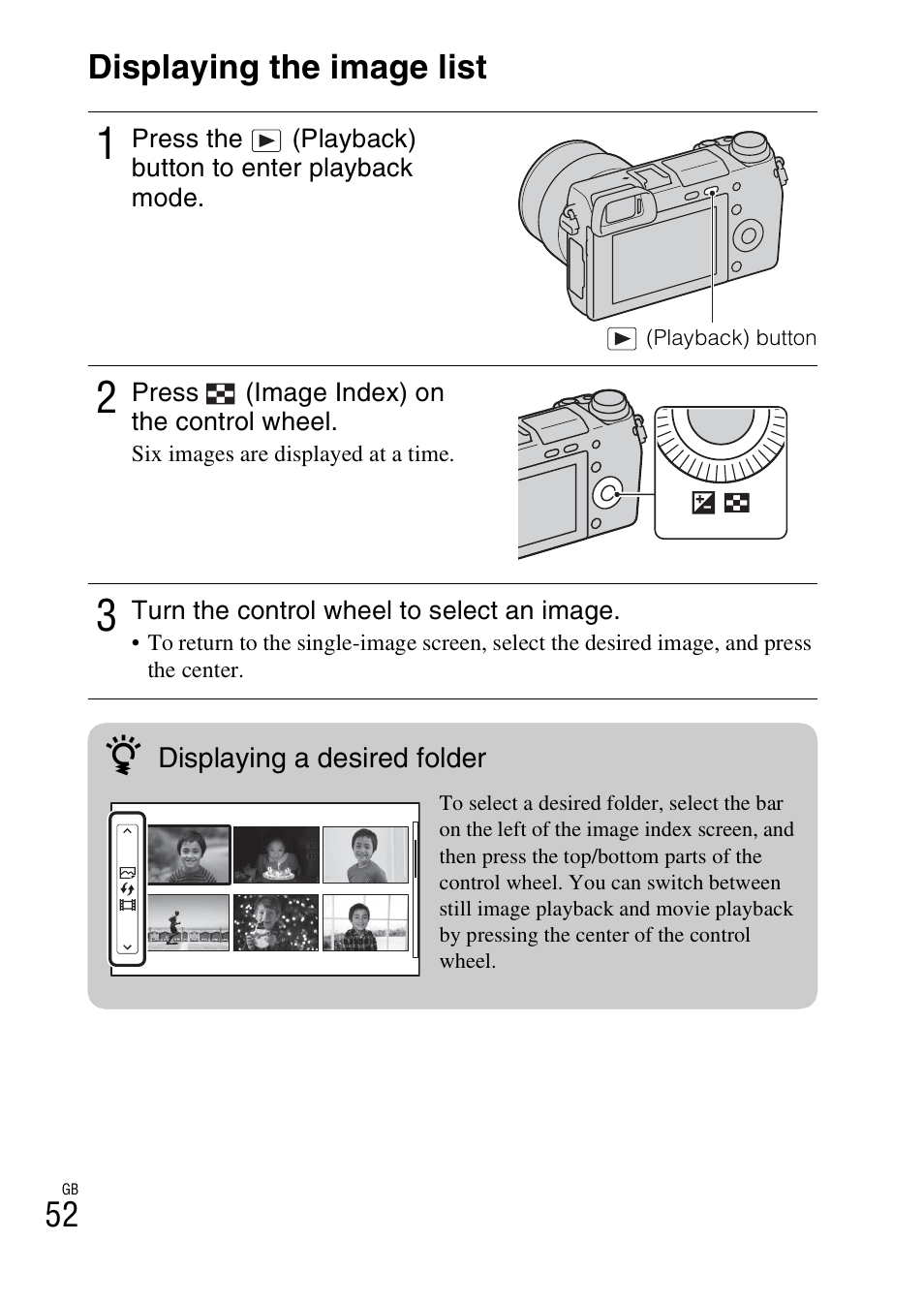 Using the playback functions, Displaying the image list | Sony NEX-6 User Manual | Page 52 / 103