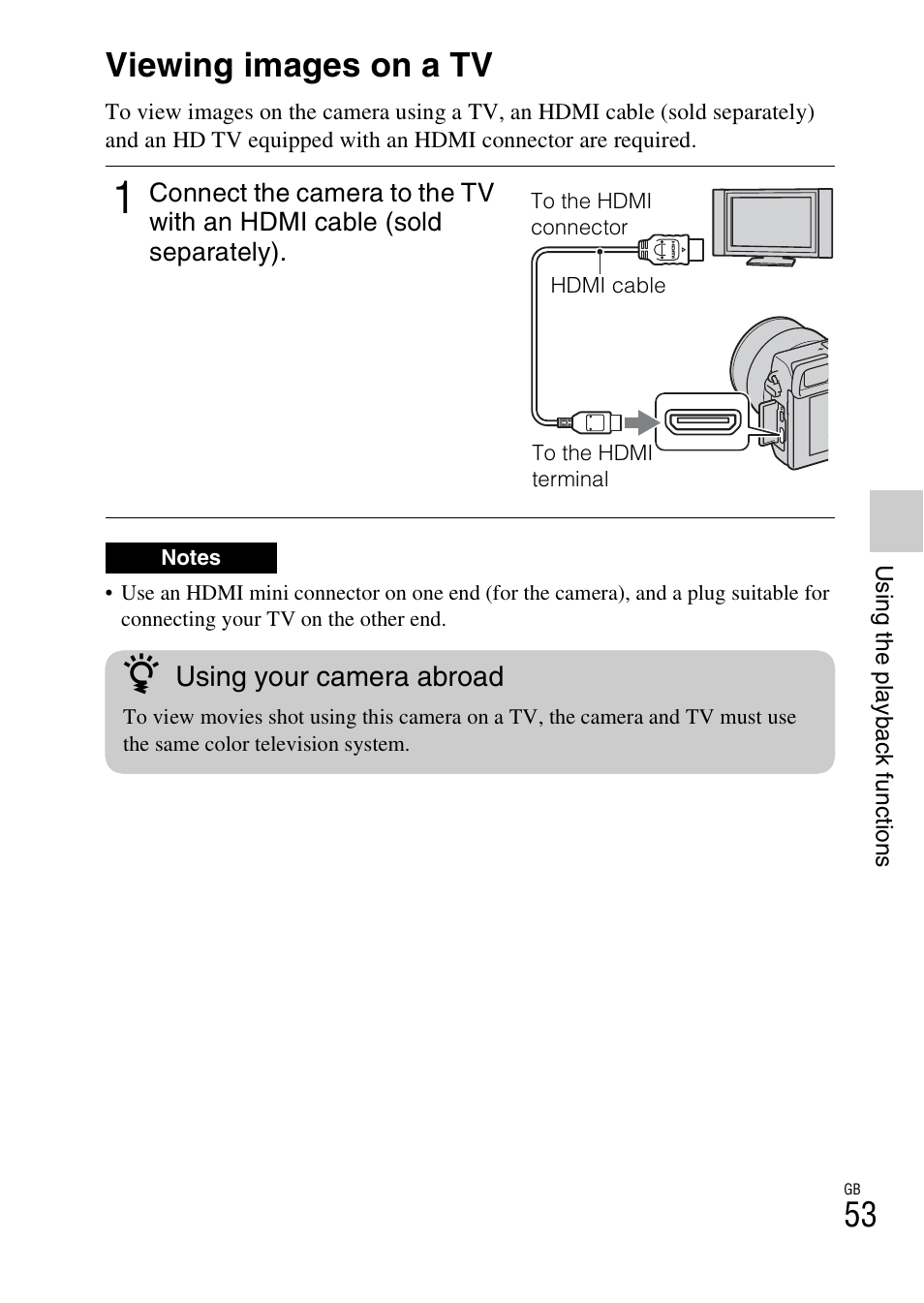 Viewing images on a tv, Using your camera abroad | Sony NEX-6 User Manual | Page 53 / 103