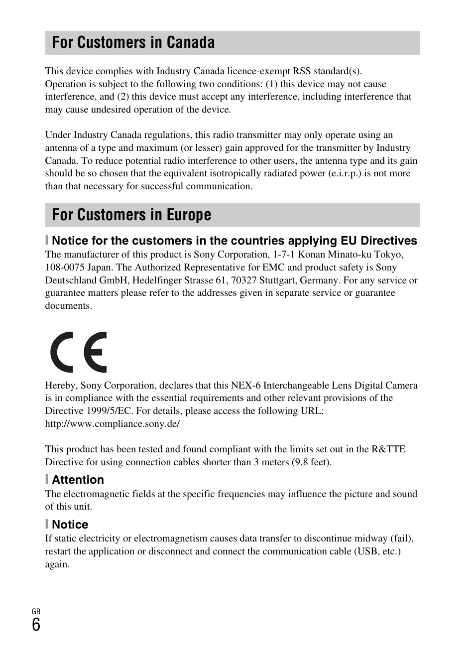 For customers in canada for customers in europe | Sony NEX-6 User Manual | Page 6 / 103