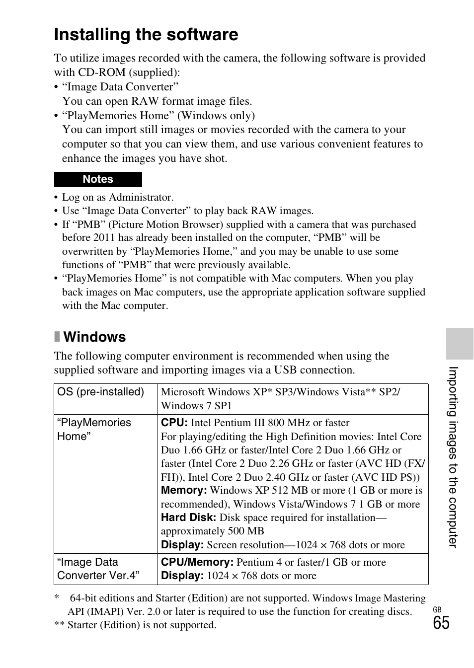 Importing images to the computer, Installing the software, Xwindows | Sony NEX-6 User Manual | Page 65 / 103