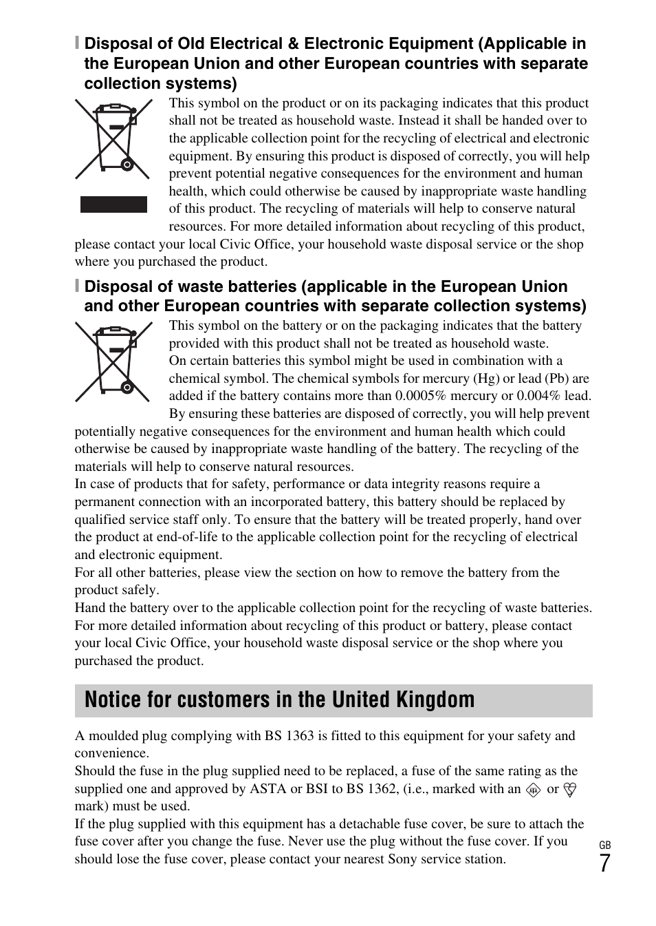 Notice for customers in the united kingdom | Sony NEX-6 User Manual | Page 7 / 103