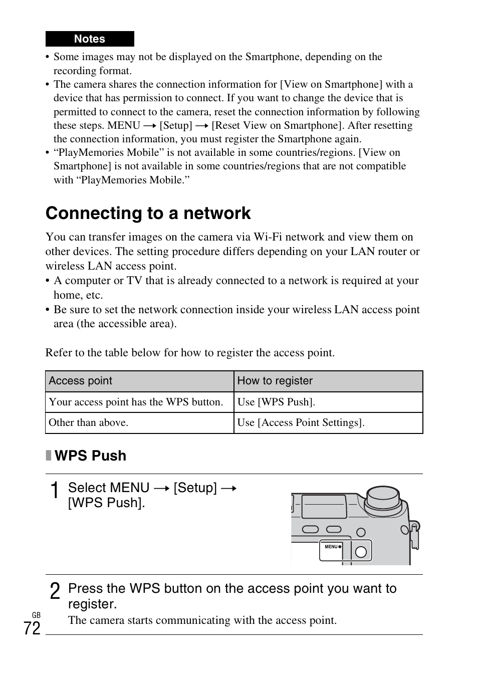 Connecting to a network, Xwps push | Sony NEX-6 User Manual | Page 72 / 103