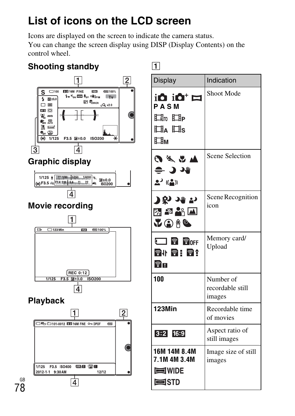 List of icons on the lcd screen, 78 list of icons on the lcd screen | Sony NEX-6 User Manual | Page 78 / 103