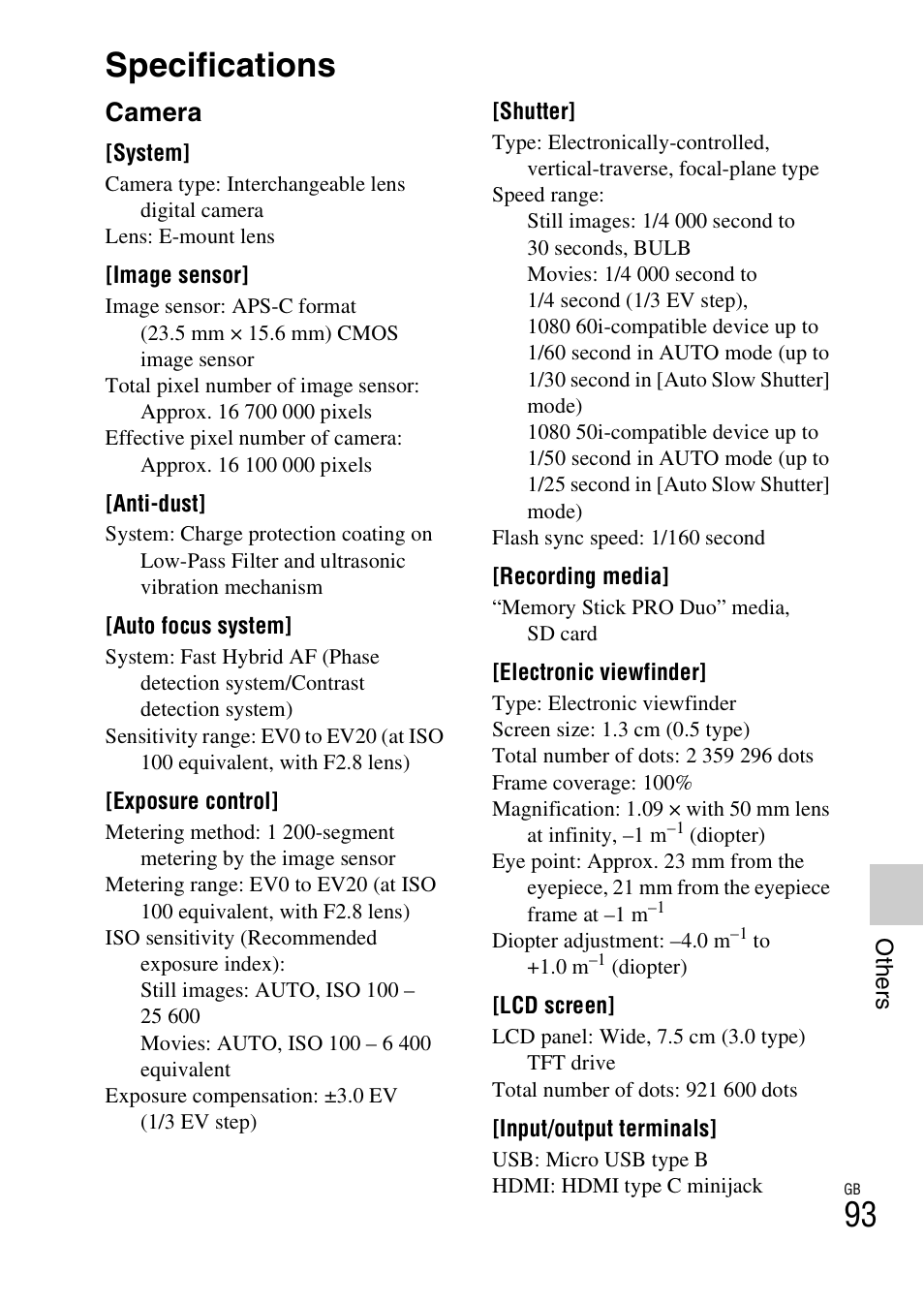 Specifications, Camera | Sony NEX-6 User Manual | Page 93 / 103