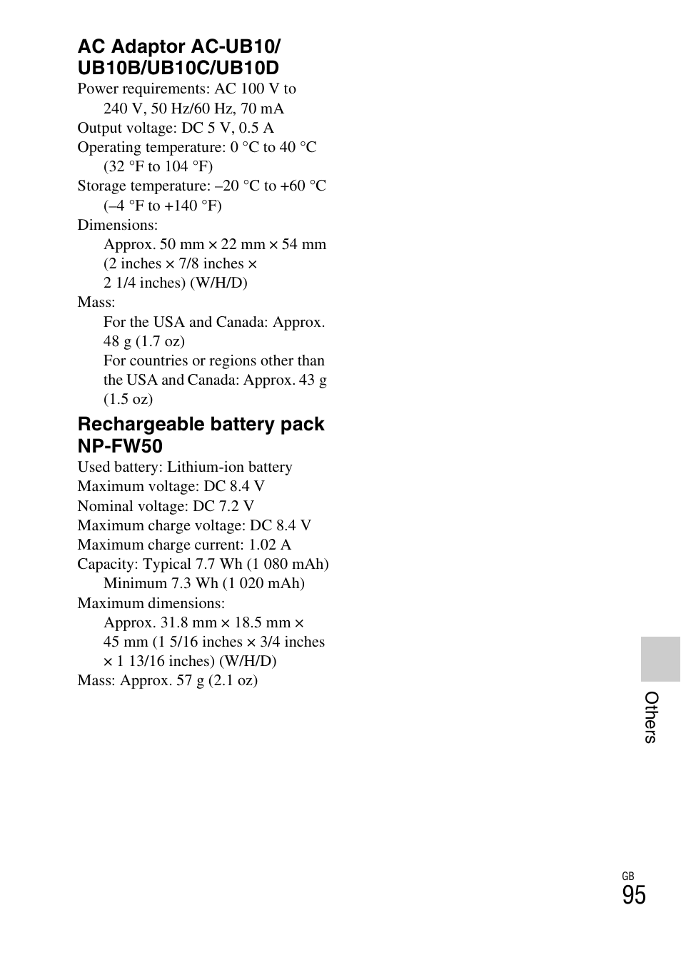 Rechargeable battery pack np-fw50 | Sony NEX-6 User Manual | Page 95 / 103