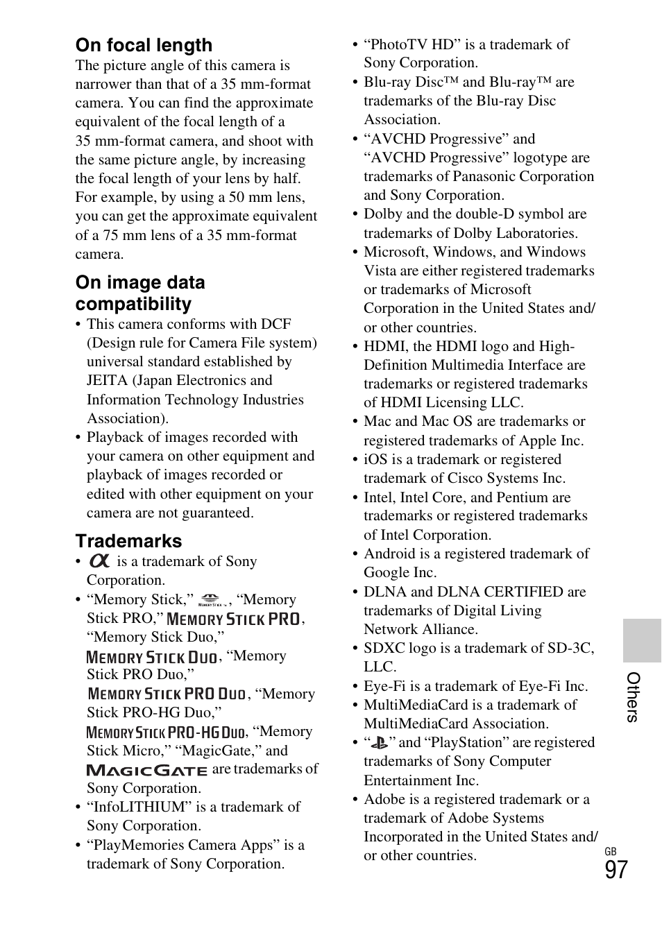 On focal length, On image data compatibility, Trademarks | Sony NEX-6 User Manual | Page 97 / 103