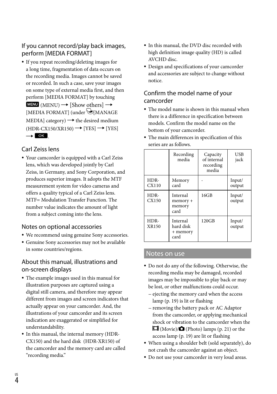 Notes on use, Carl zeiss lens, Confirm the model name of your camcorder | Sony HDR-XR150 User Manual | Page 4 / 109