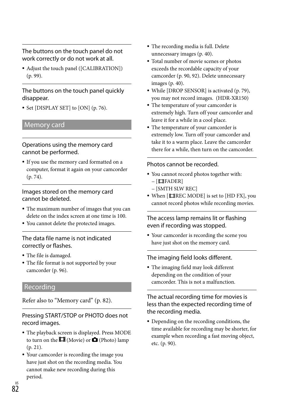 Memory card, Recording | Sony HDR-XR150 User Manual | Page 82 / 109