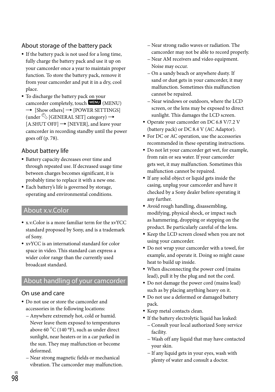 About x.v.color, About handling of your camcorder, About x.v.color about handling of your camcorder | About storage of the battery pack, About battery life, On use and care | Sony HDR-XR150 User Manual | Page 98 / 109