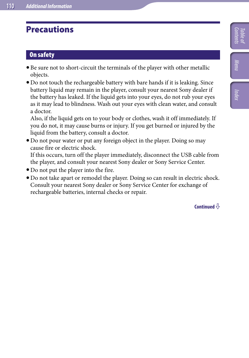Precautions, On safety | Sony NWZ-A818BLK User Manual | Page 110 / 125