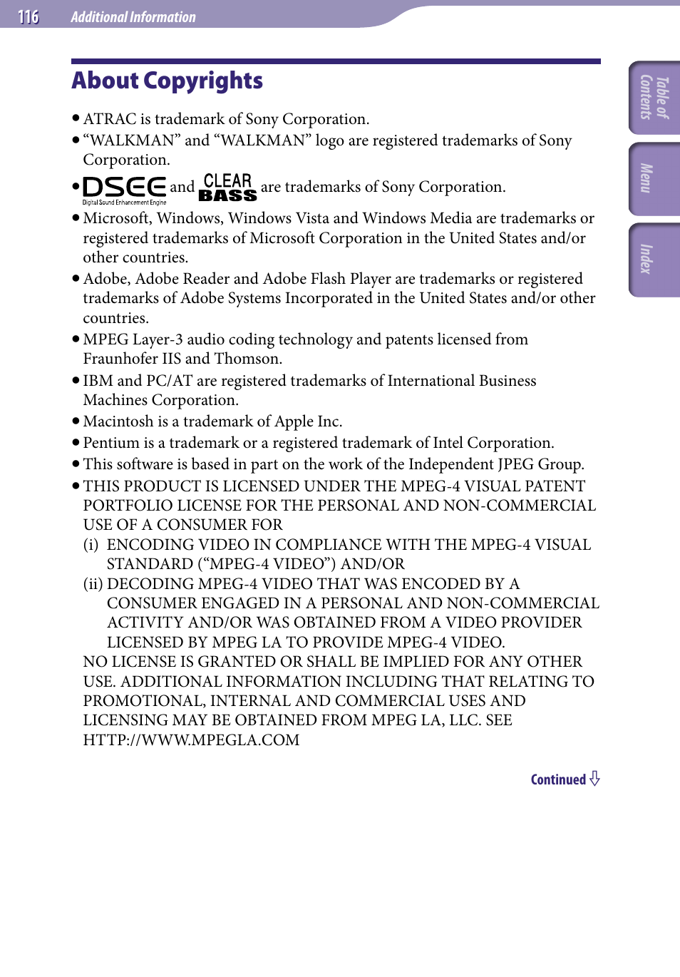 About copyrights | Sony NWZ-A818BLK User Manual | Page 116 / 125