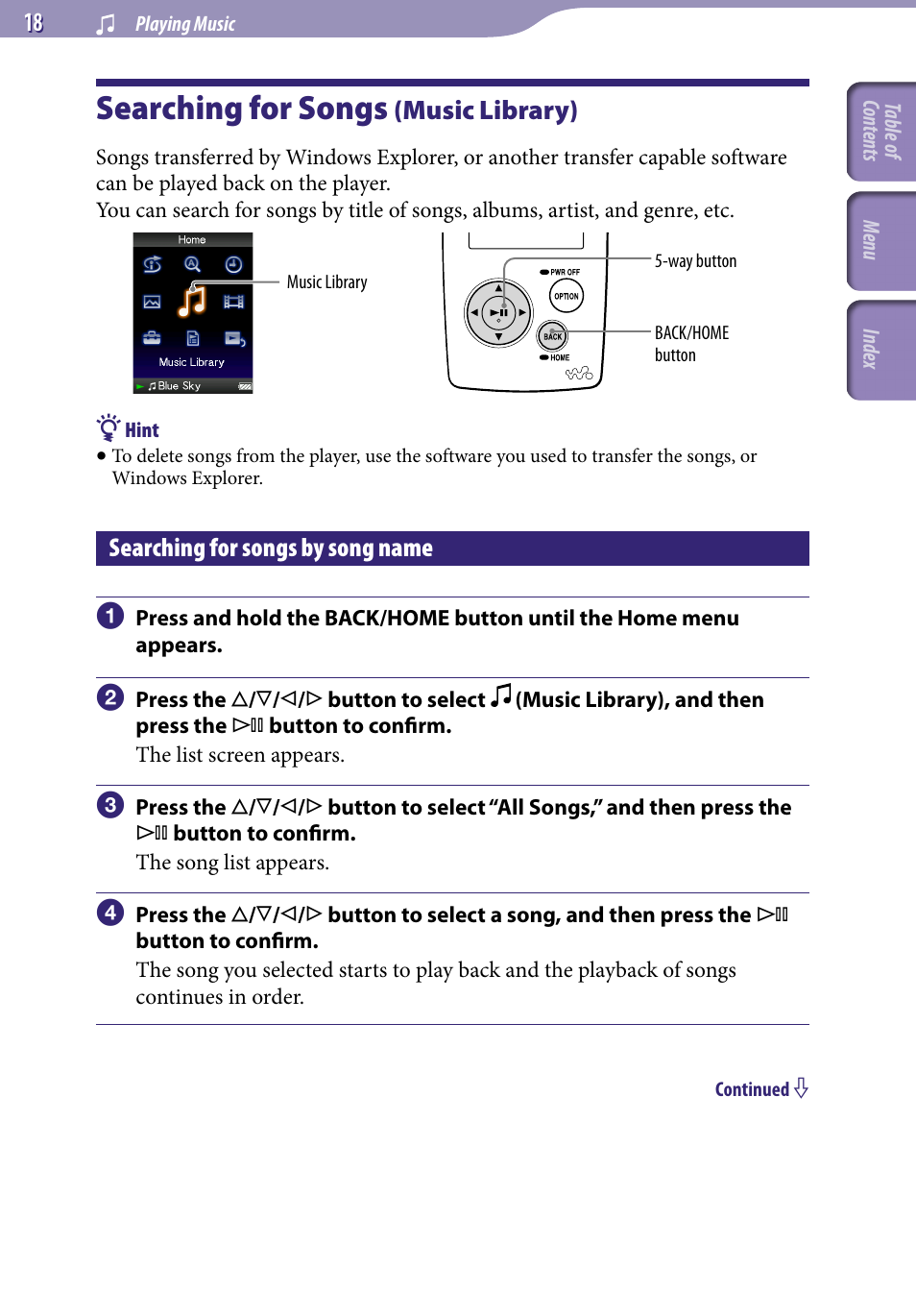 Playing music, Searching for songs (music library), Searching for songs by song name | Searching for songs, Music library), All songs | Sony NWZ-A818BLK User Manual | Page 18 / 125