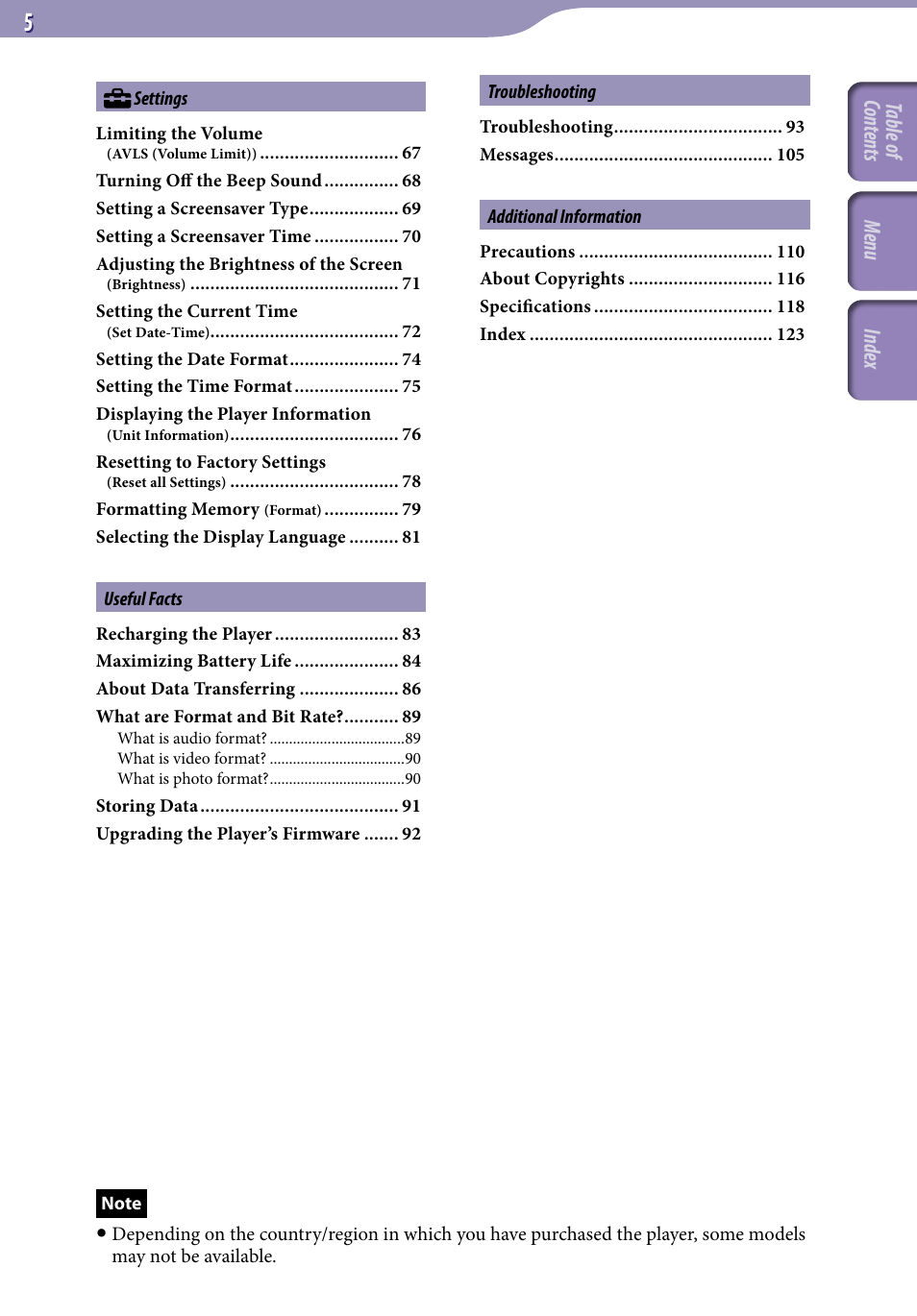 Table of cont ents men u inde x | Sony NWZ-A818BLK User Manual | Page 5 / 125