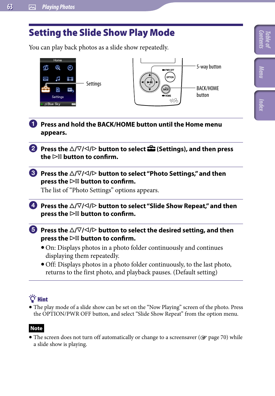 Setting the slide show play mode, Slide show repeat | Sony NWZ-A818BLK User Manual | Page 63 / 125