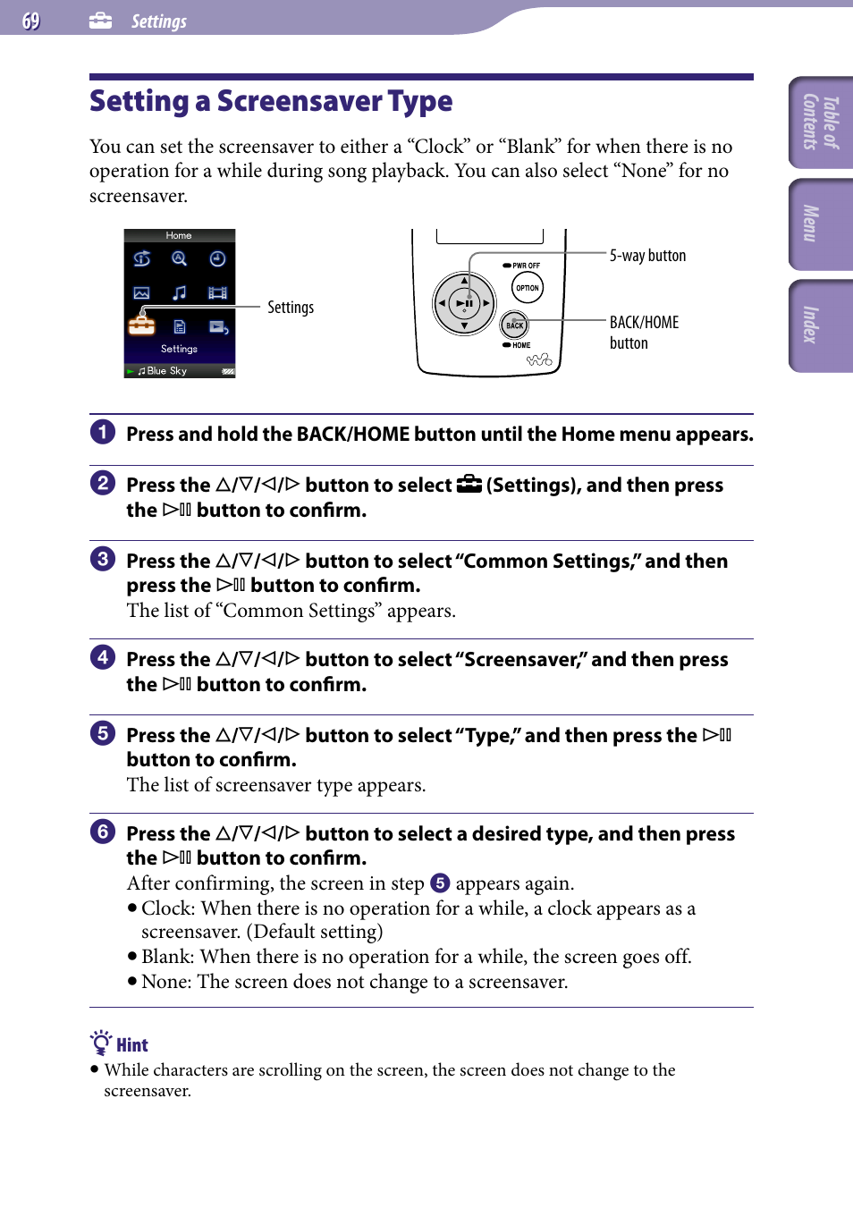 Setting a screensaver type, Screensaver , 70 | Sony NWZ-A818BLK User Manual | Page 69 / 125