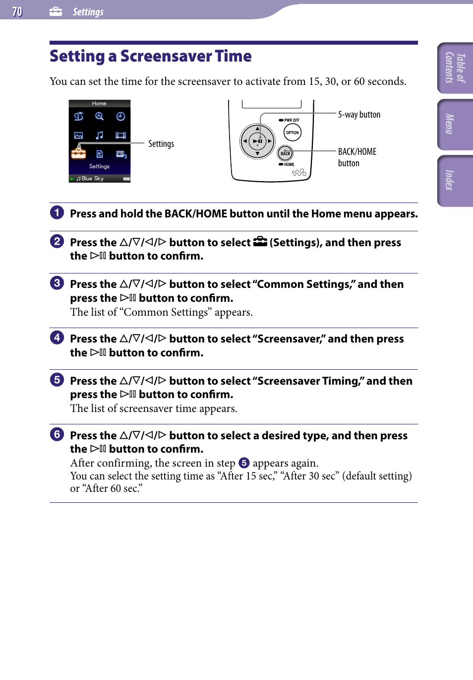 Setting a screensaver time | Sony NWZ-A818BLK User Manual | Page 70 / 125