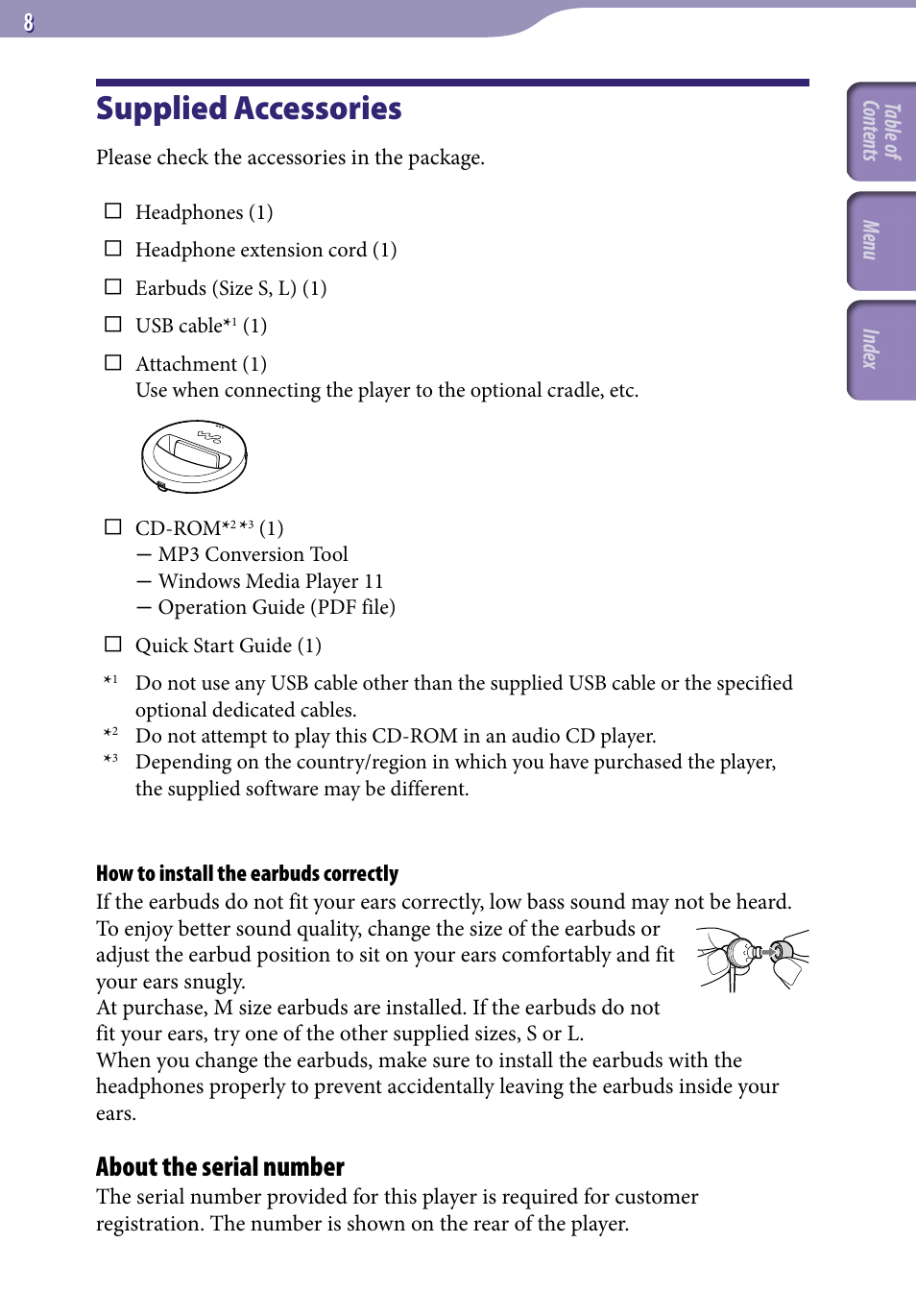 Supplied accessories, About the serial number | Sony NWZ-A818BLK User Manual | Page 8 / 125
