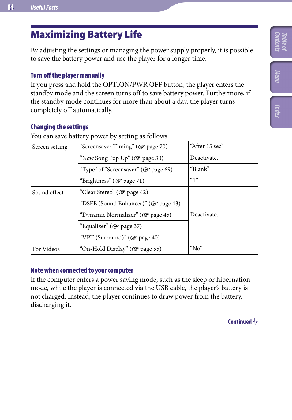 Maximizing battery life | Sony NWZ-A818BLK User Manual | Page 84 / 125