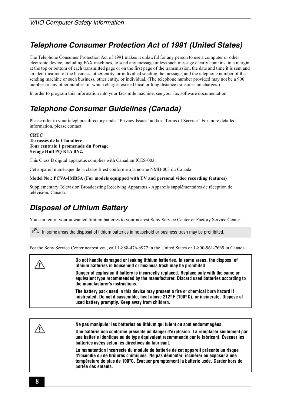 Telephone consumer guidelines (canada), Disposal of lithium battery | Sony VGC-RB52 User Manual | Page 8 / 12