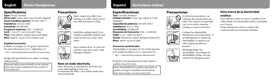 English stereo headphones precautions, Specifications, Español auriculares estéreo precauciones | Especificaciones | Sony MDR-EX37B User Manual | Page 2 / 2