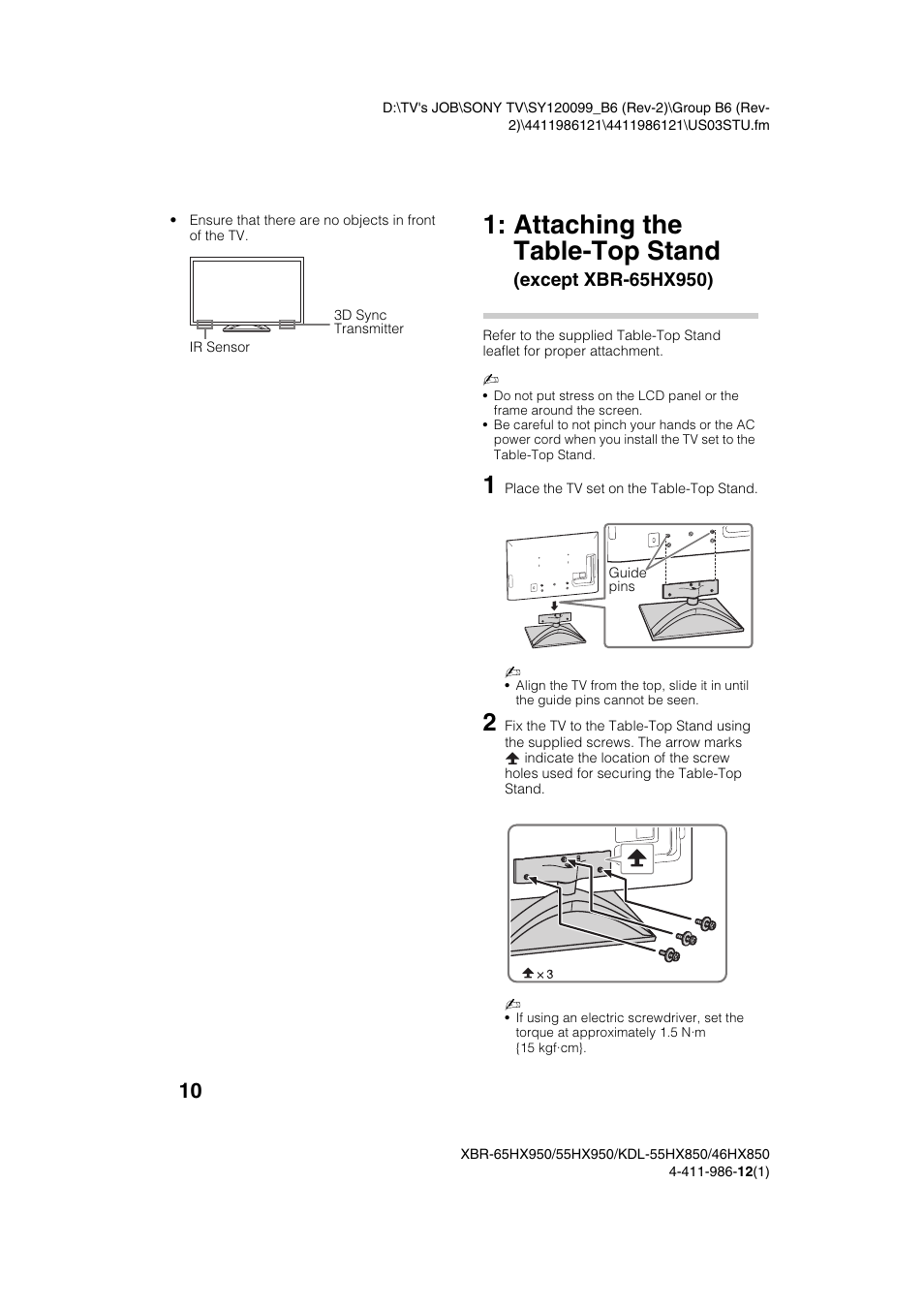 Attaching the table-top stand (except xbr-65hx950), Attaching the table-top stand | Sony XBR-55HX950 User Manual | Page 10 / 40