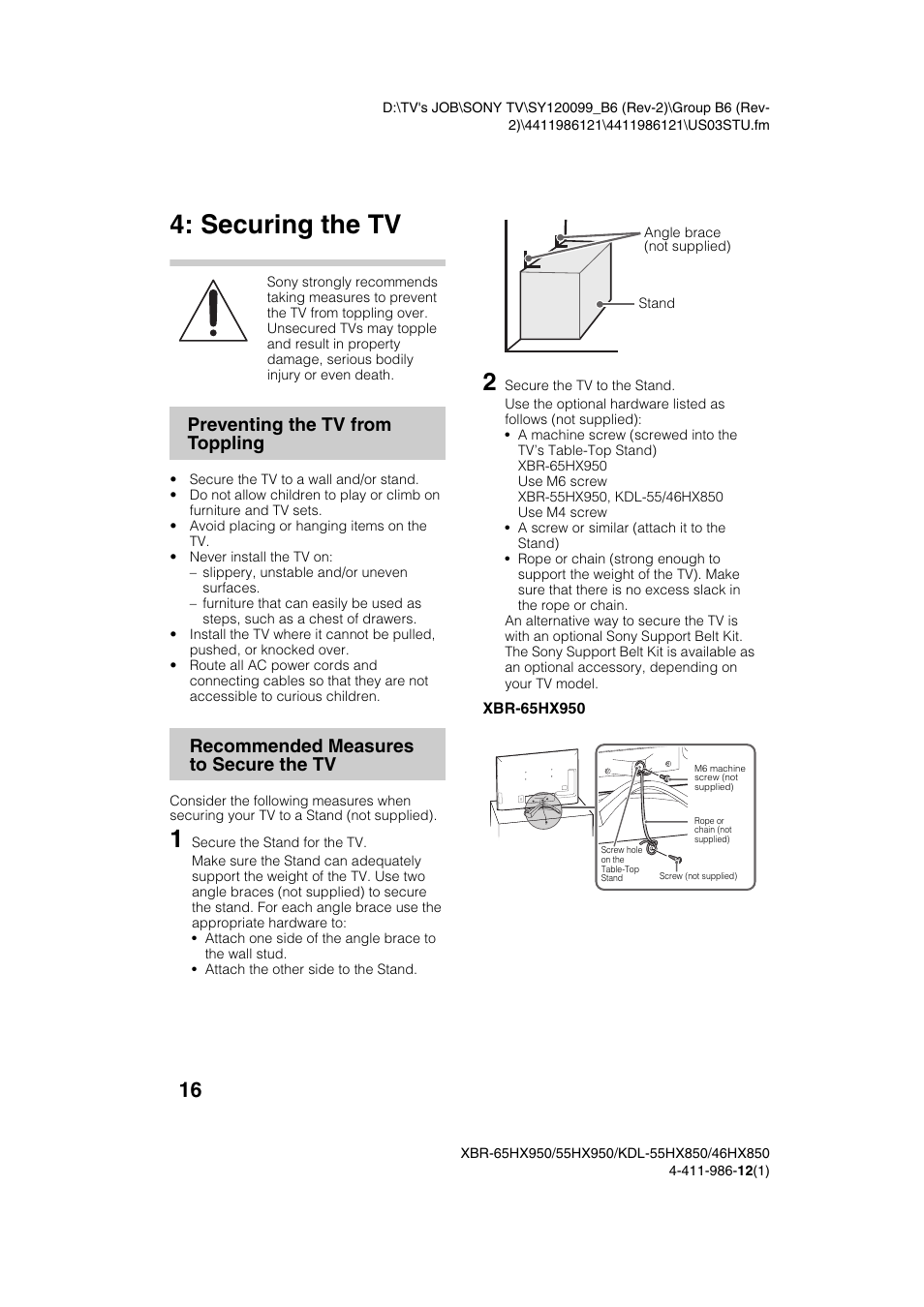 Securing the tv | Sony XBR-55HX950 User Manual | Page 16 / 40