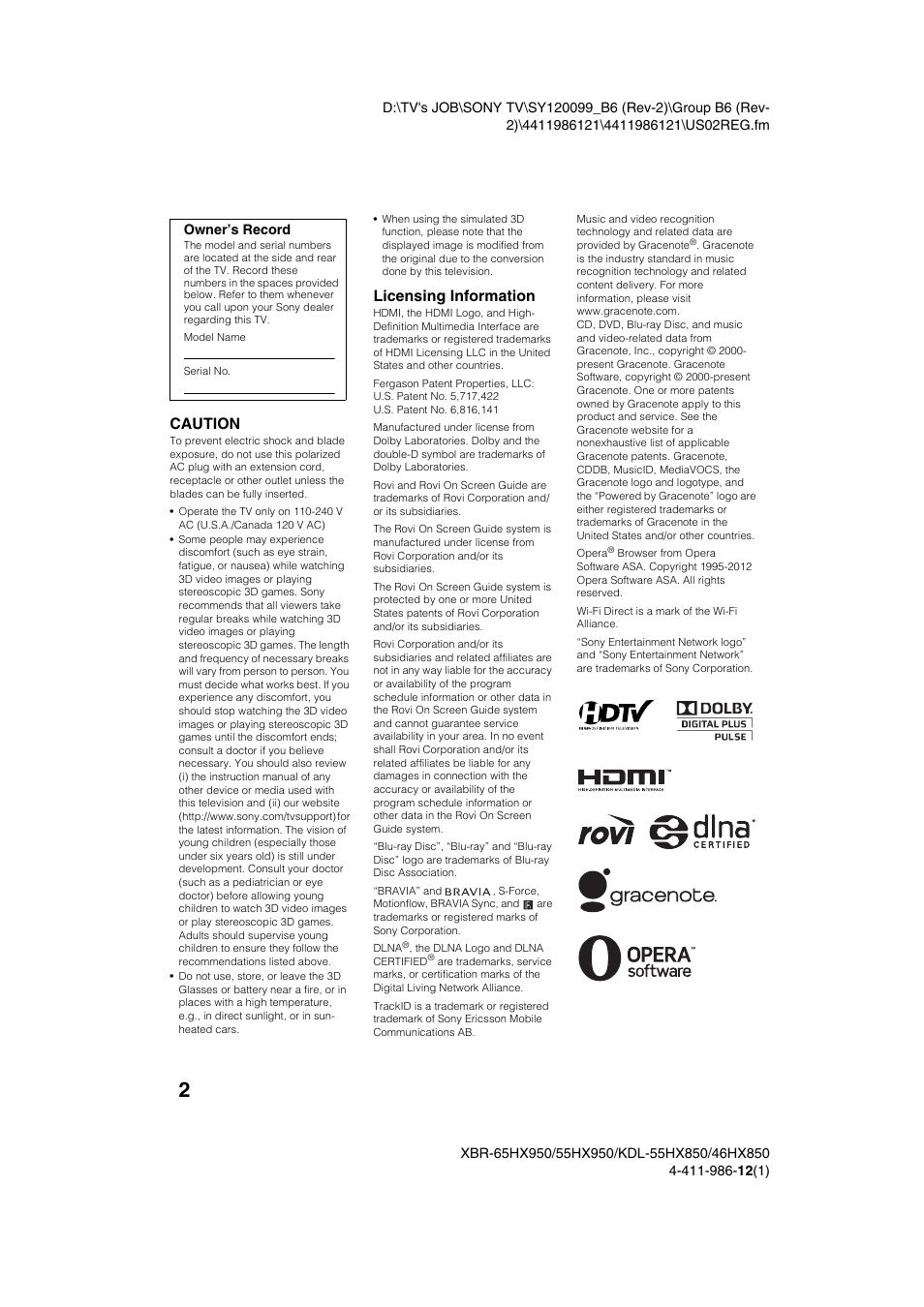 Caution, Licensing information | Sony XBR-55HX950 User Manual | Page 2 / 40